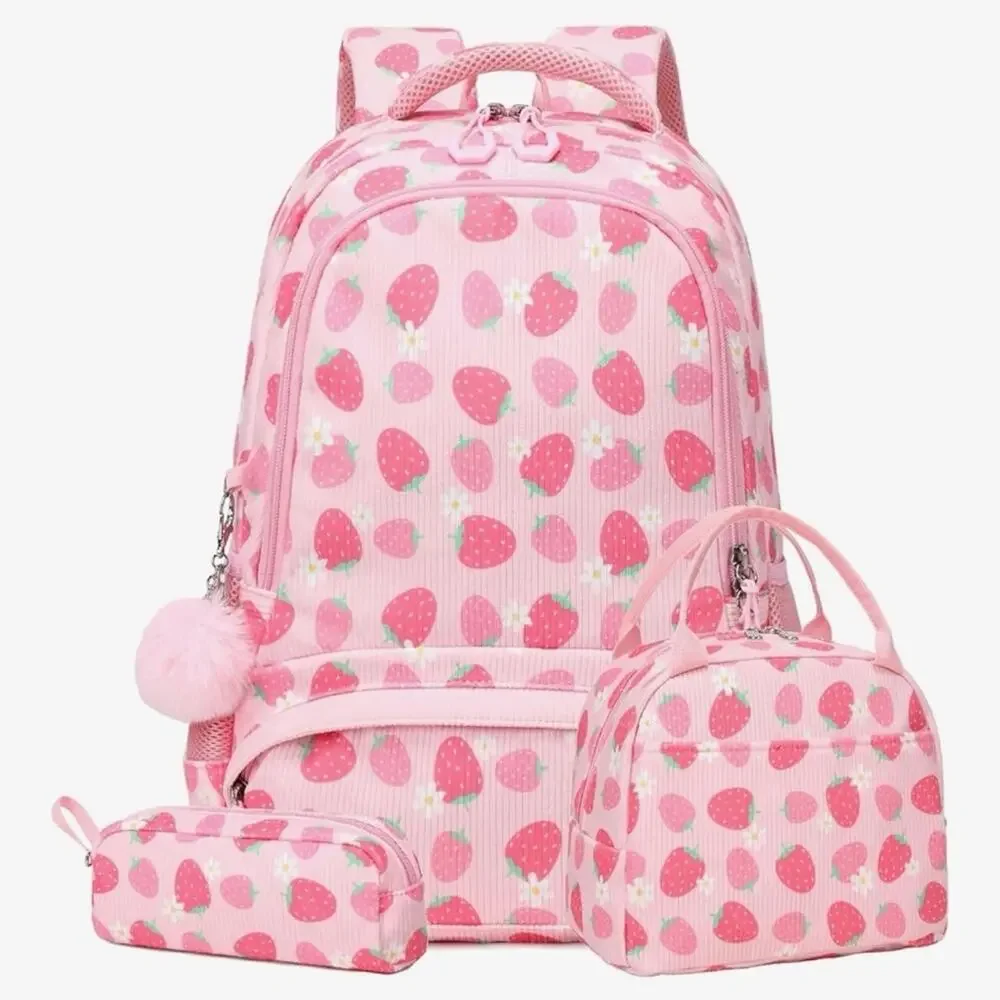 NWOT Charming Pink Strawberry Kids Backpack, lunch bag, pencil case